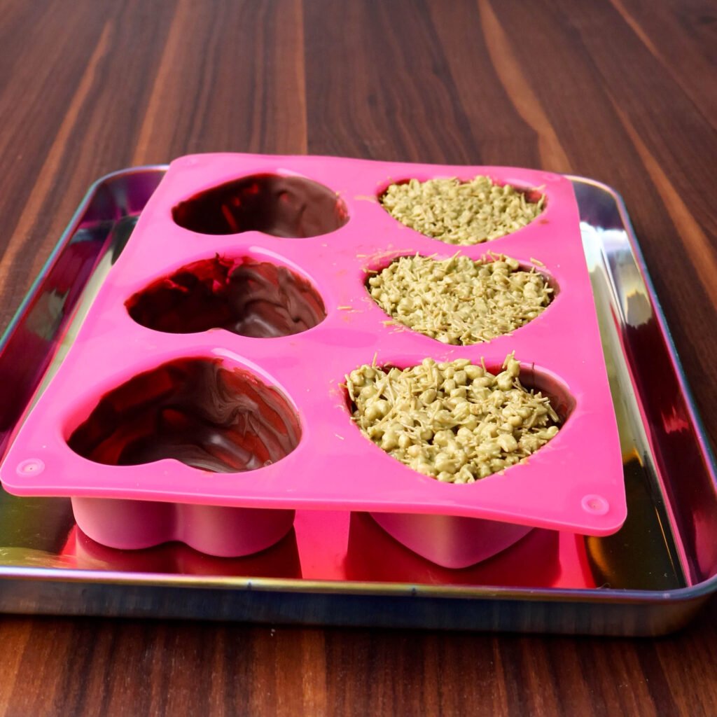 Dubai filling in chocolate hearts.