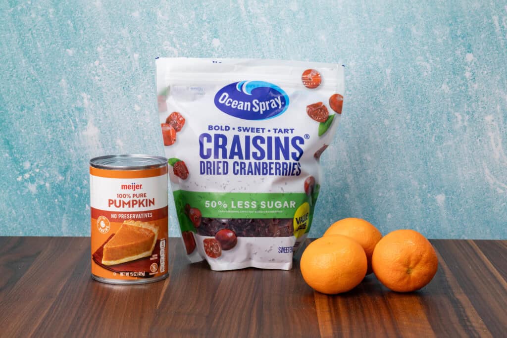 Craisins, clementines, and pumpkin puree.