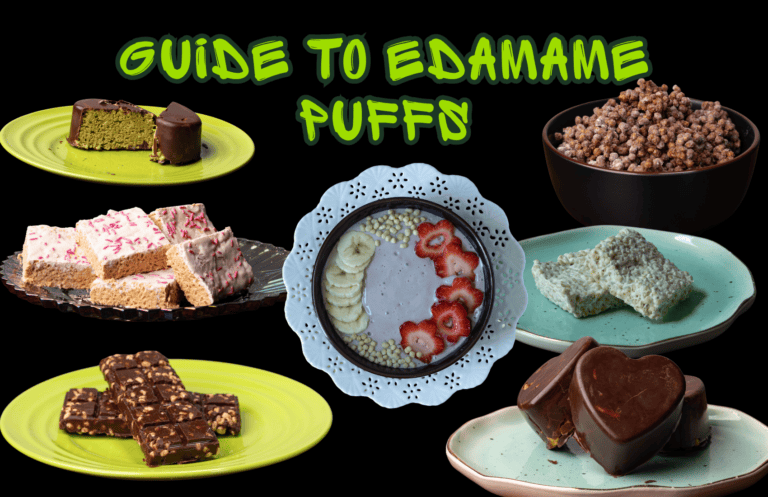 Cover page for edamame puffs guide featuring multiple images of edamame puff recipes.