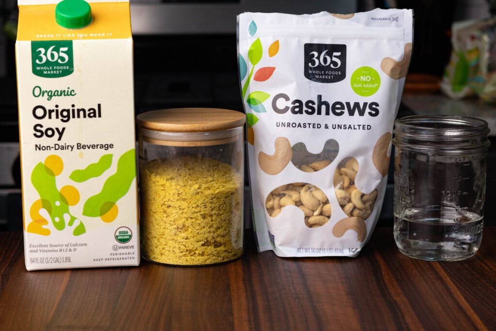 Nacho cheese ingredients - soy milk, nutritional yeast, unroasted and unsalted cashews, and water.