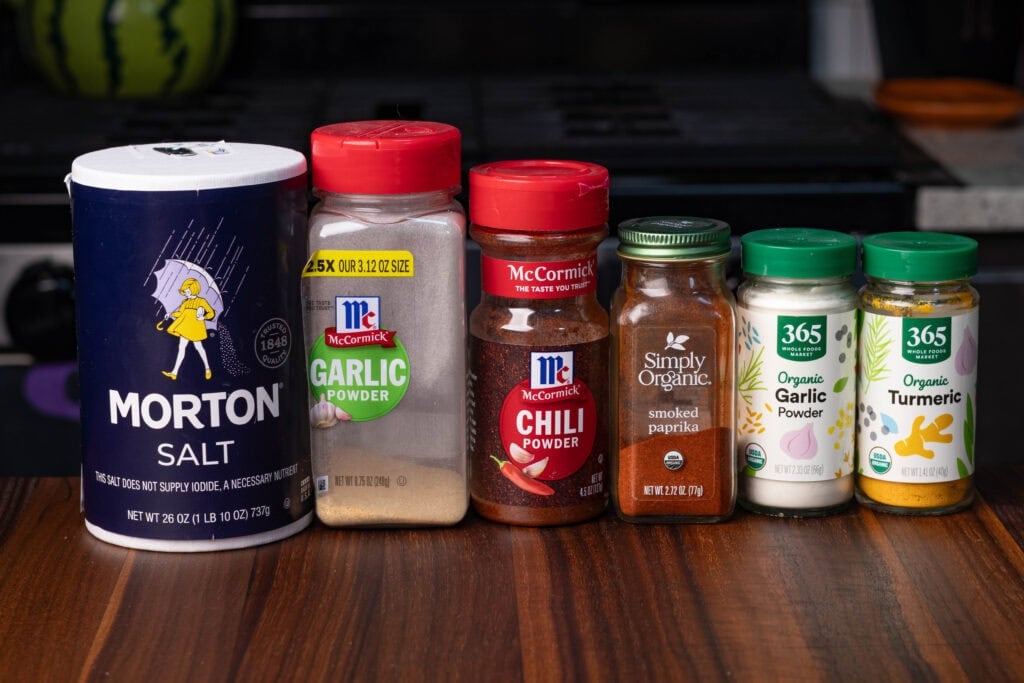 Vegan Nacho Cheese ingredients - salt, garlic powder, chili powder, smoked paprika, onion powder, turmeric.