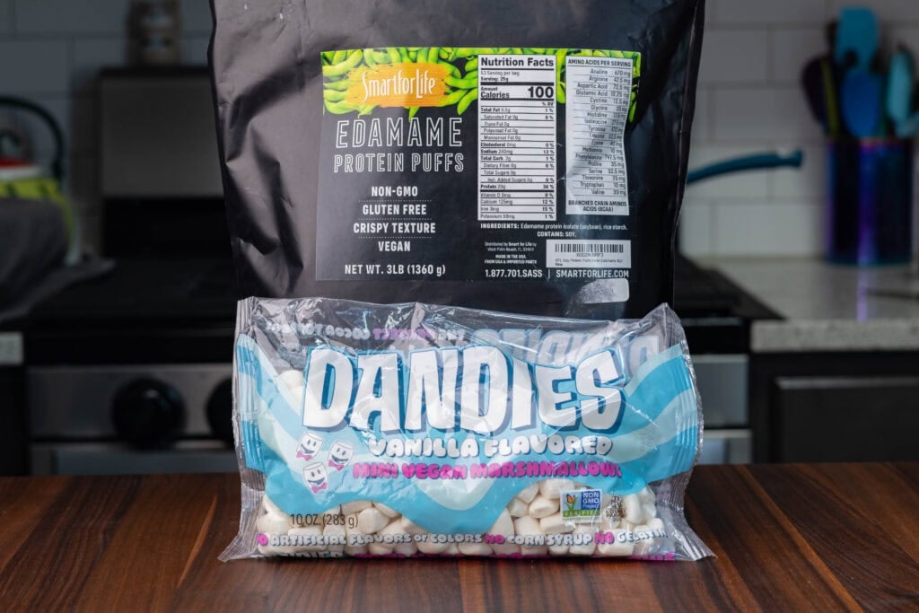 Edamame puffs and vegan marshmallows.