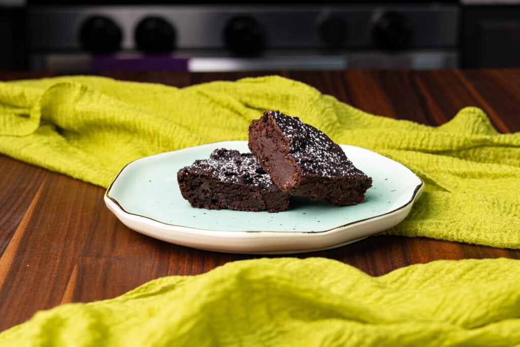 High Protein vegan black bean brown on a light blue plate.