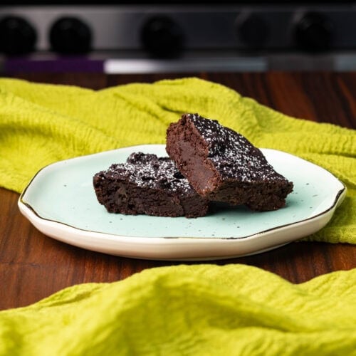 High Protein vegan black bean brown on a light blue plate.