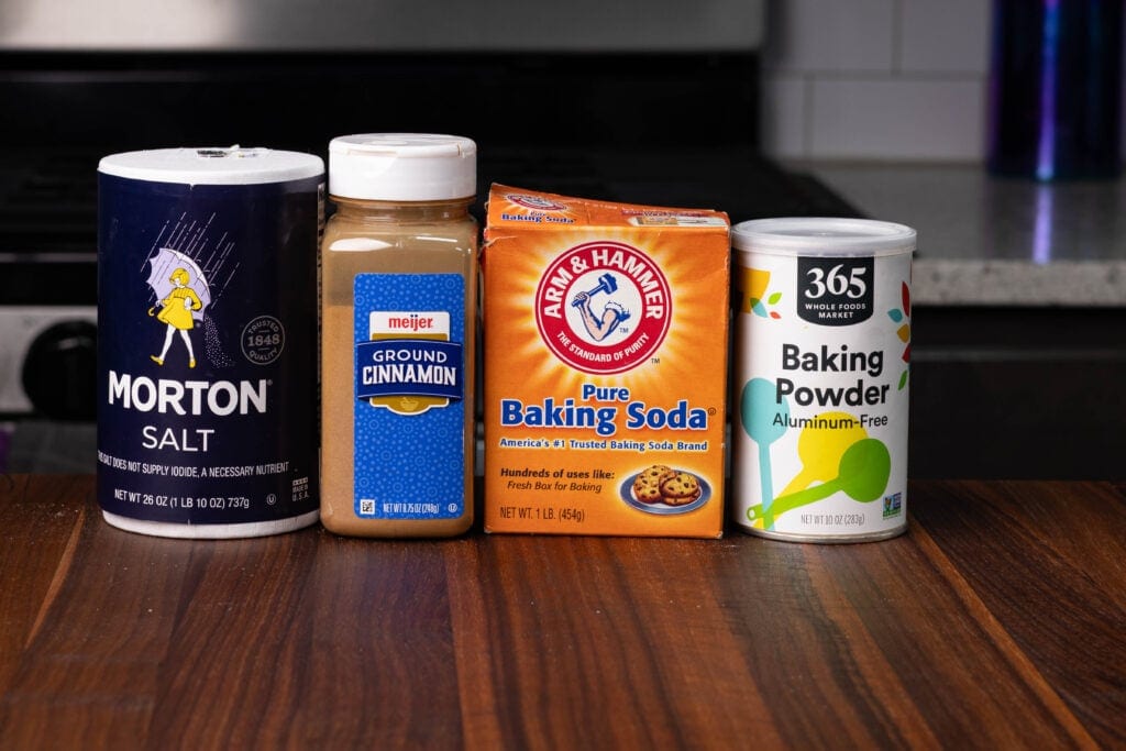 Salt, cinnamon, baking soda and baking powder.
