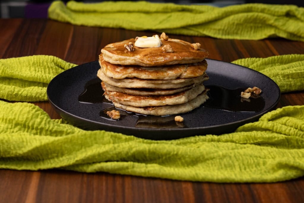 A big stack of High Protein Banana Pancakes.