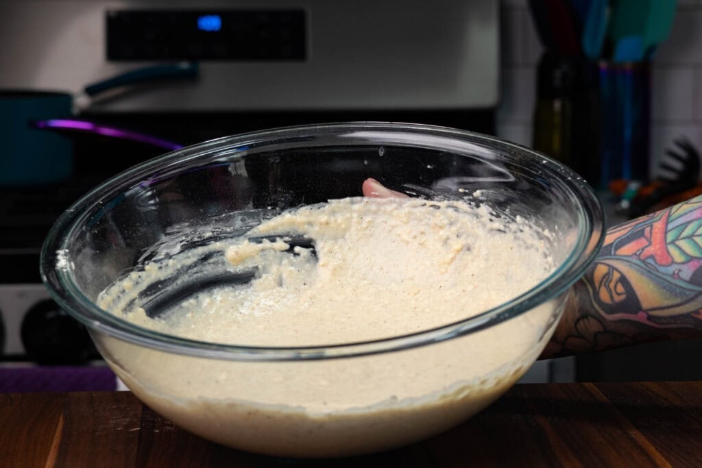 High Protein Banana Pancake batter in a bowl.