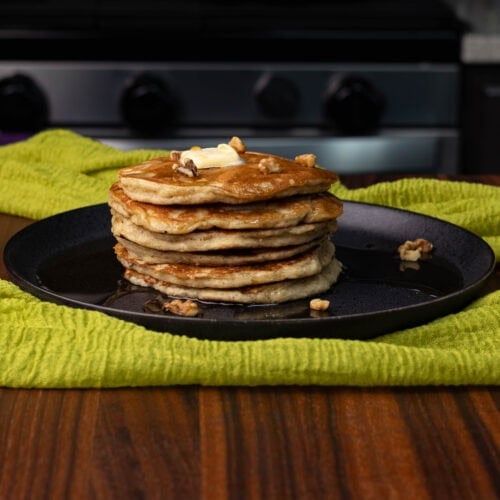 A big stack of High Protein Banana Pancakes.
