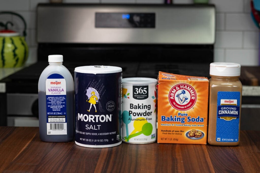 Vanilla extract, salt, baking powder, baking soda and cinnamon.